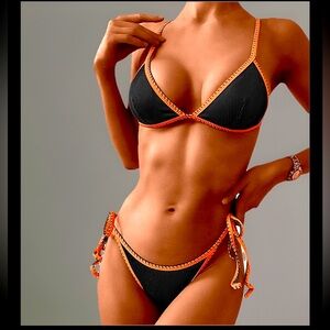 Sexy Ribbed Black W/Orange Trim Triangle Bikini Top W/Unique Strings High Waist